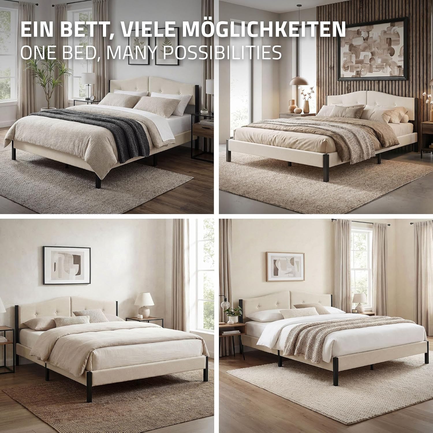 Lit Rembourré ML-Design | Cadre en Acier, Sommier à Lattes, Tête de Lit | Tissu Lin Beige ou Gris | 90/140/160/180 x 200 cm