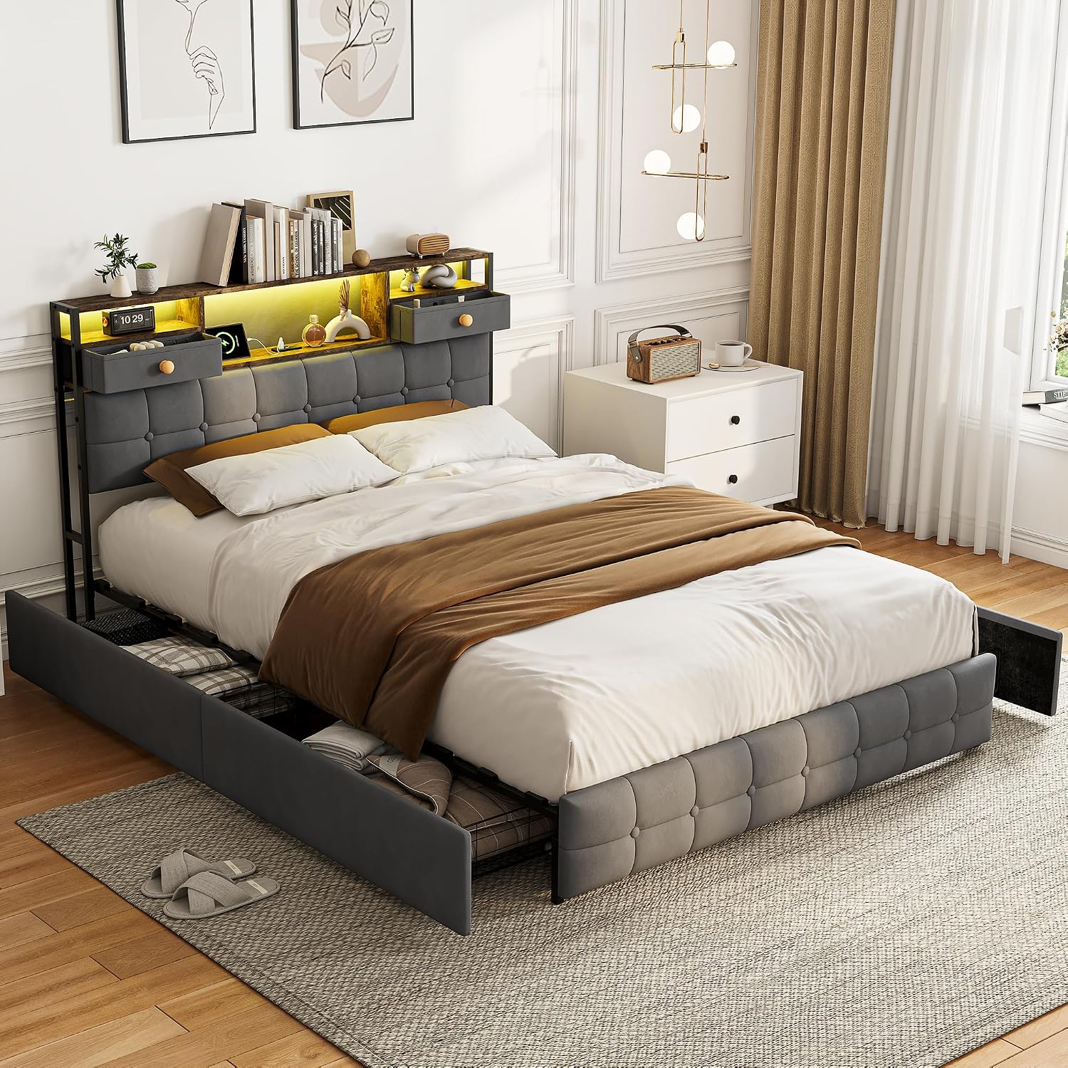 Lit Double 140x200 cm – 4 Tiroirs de Rangement, Éclairage LED +6000 Couleurs & Tête de Lit Réglable en PU