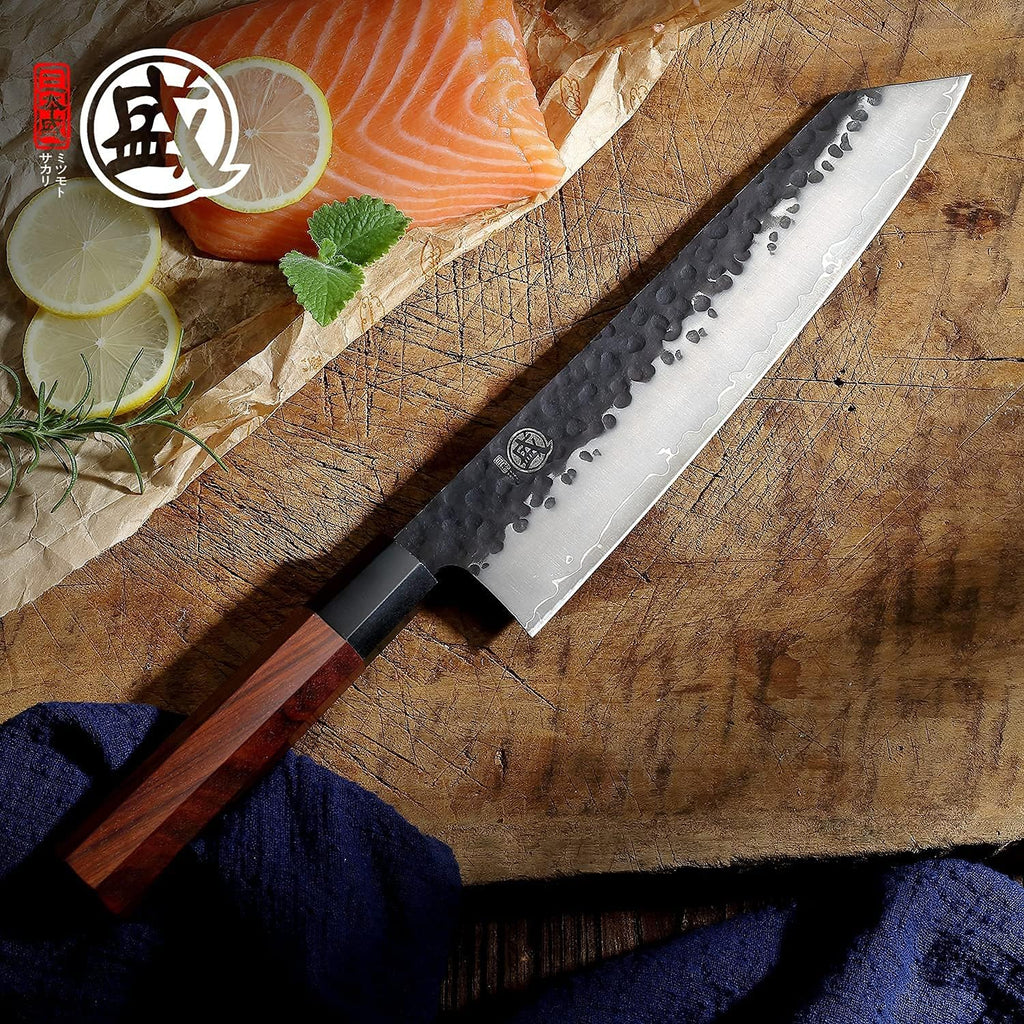 Couteau Gyuto Japonais MITSUMOTO SAKARI 22 cm – Forgé Main, Acier Haute Carbone, Bois de Rose