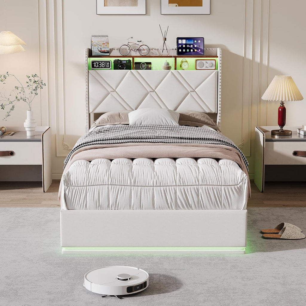 Lit Coffre 90x200 cm – Tête de Lit Rangement, Éclairage LED 16 Couleurs & Ports USB/USB-C