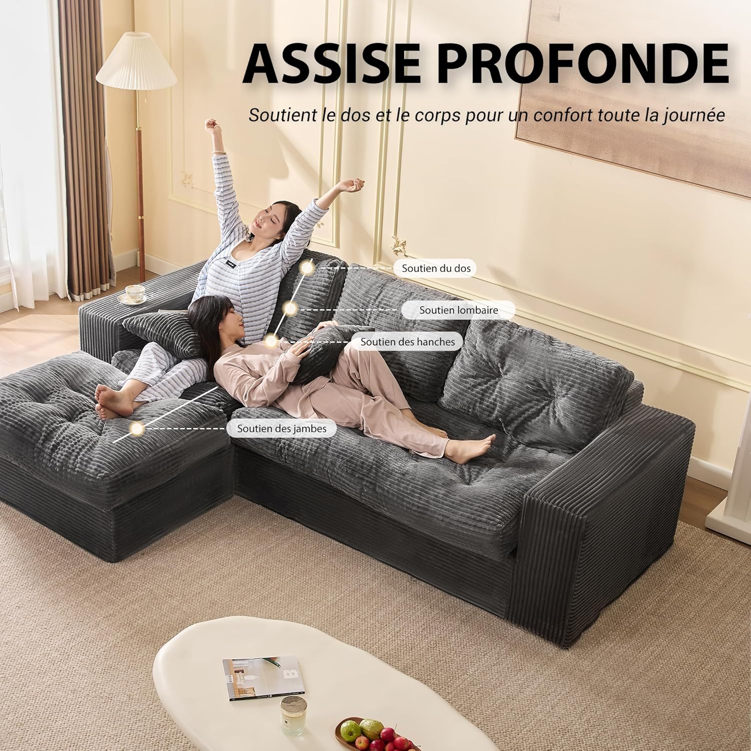 Canapé d'angle modulable Litbird – 3 places + pouf – Velours côtelé beige – Sans montage