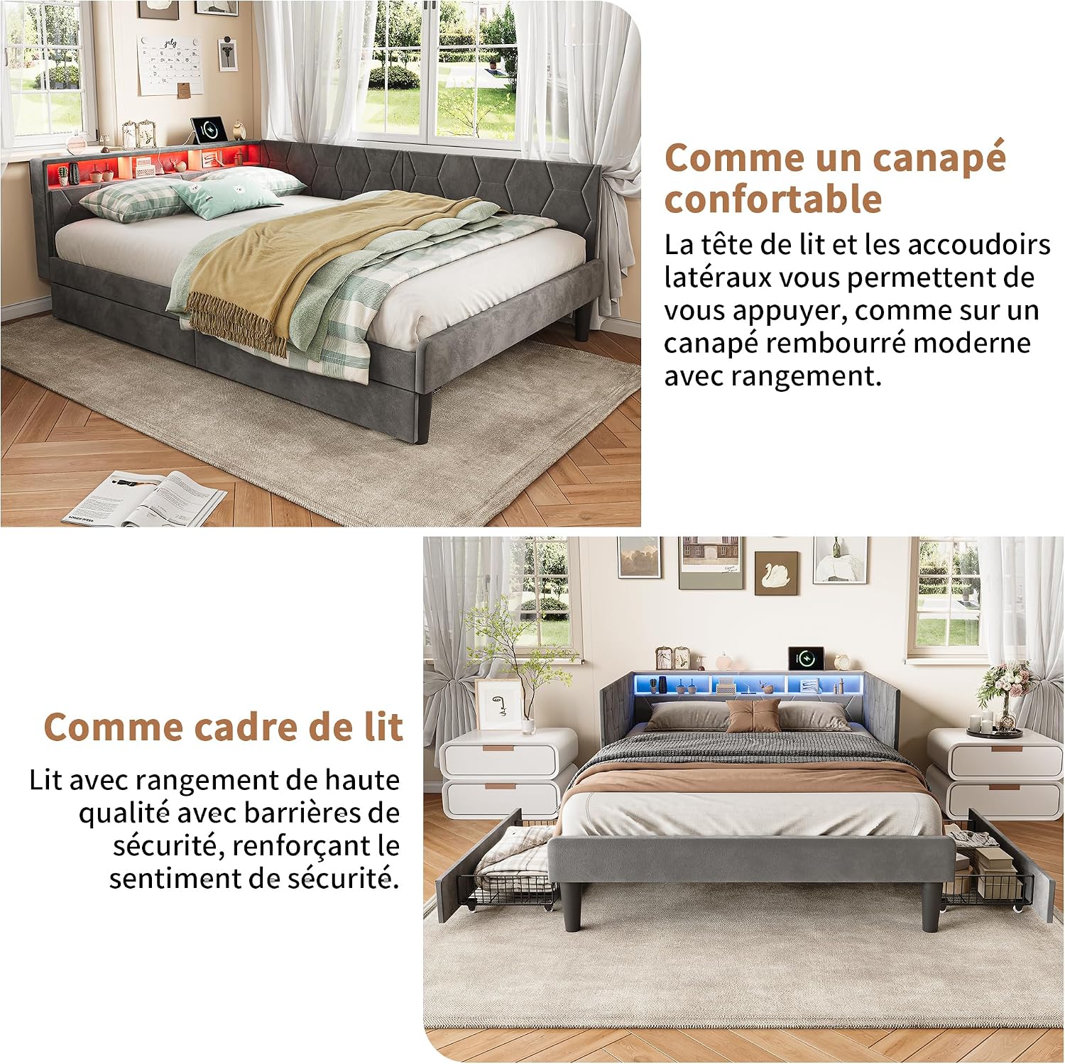 Canapé-Lit Convertible LKPOMI 2 Places — Velours Beige, Lit 180x200 cm