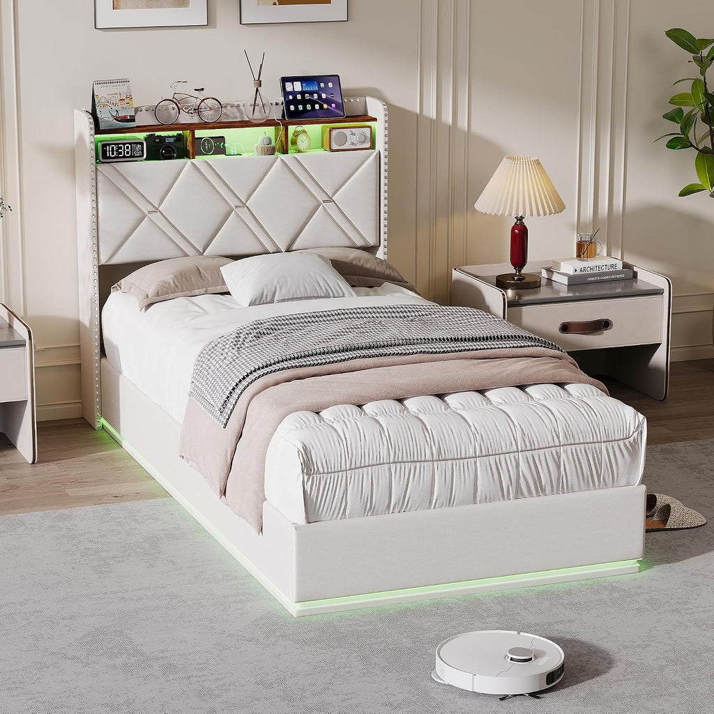 Lit Coffre 90x200 cm – Tête de Lit Rangement, Éclairage LED 16 Couleurs & Ports USB/USB-C