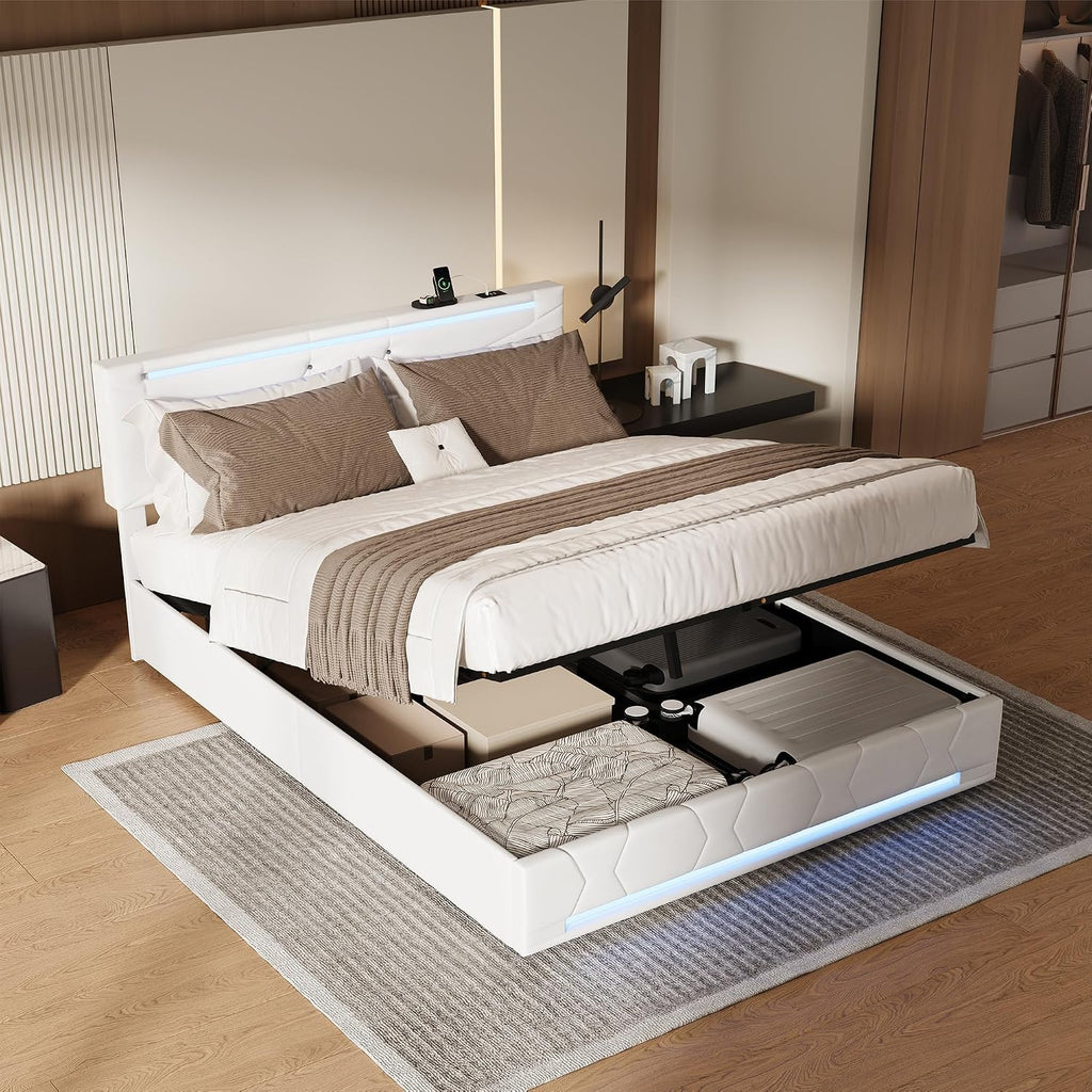 Lit Coffre BRILVERDE | LED RGB & Port USB | Sommier à Lattes | Tissu Lin | 90 à 160 x 200 cm