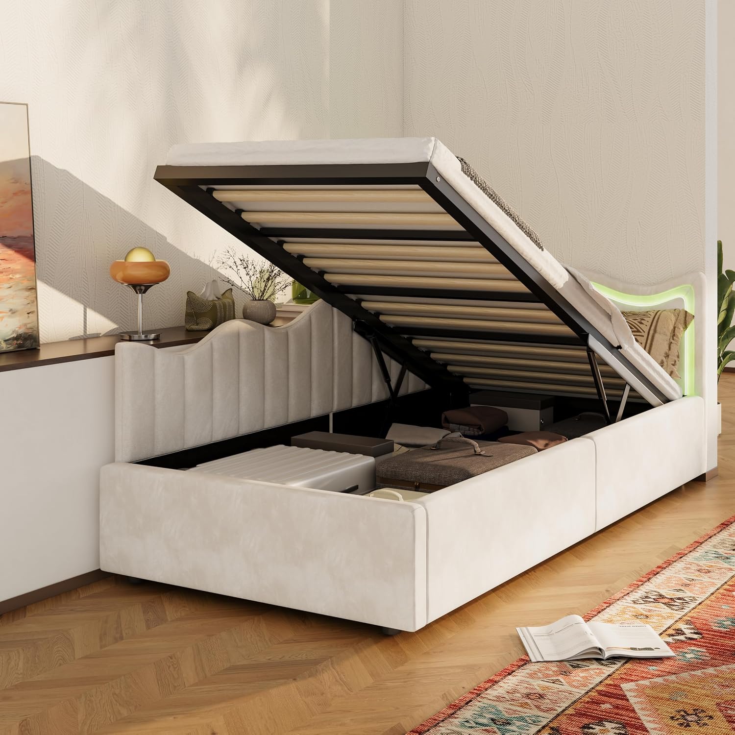 Canapé-Lit Convertible LKPOMI 2 Places — Velours Beige, Lit 180x200 cm