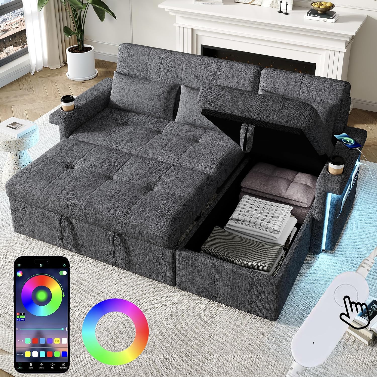 Canapé d'Angle Modulable Cayipng — Velours Vert, Port USB, Rangement