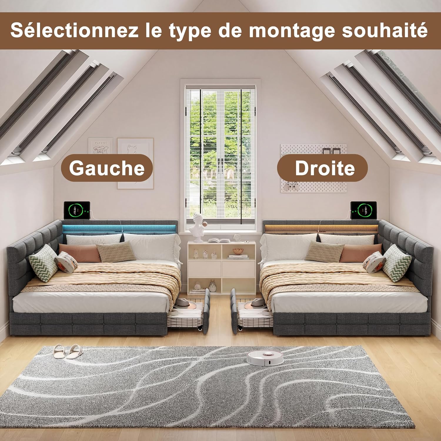 Lit Coffre 90x200 cm – Tête de Lit Rangement, Éclairage LED 16 Couleurs & Ports USB/USB-C