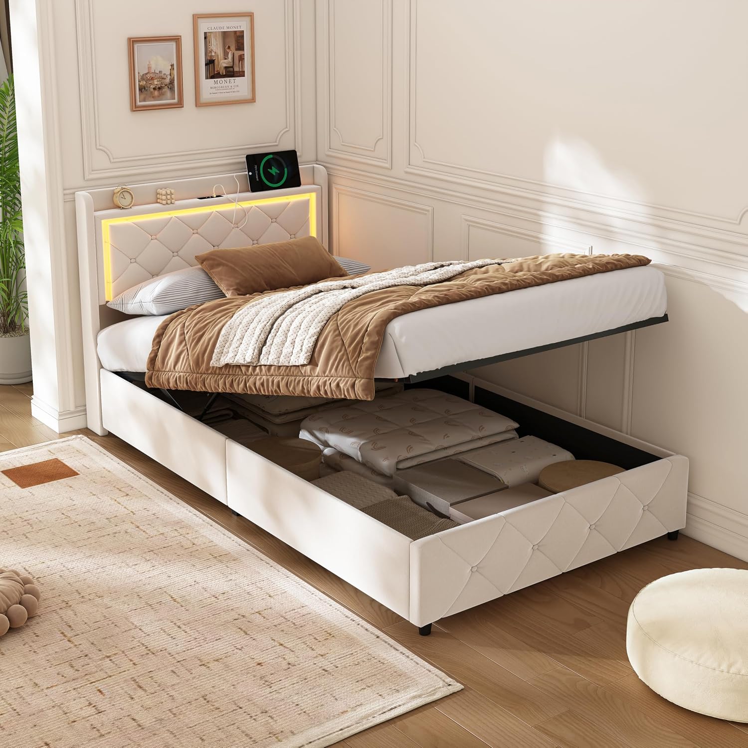 Lit Coffre Capitonné 140 x 200 cm – Tête de Lit Hydraulique & Sommier à Lattes – Flanelle Blanc Cassé