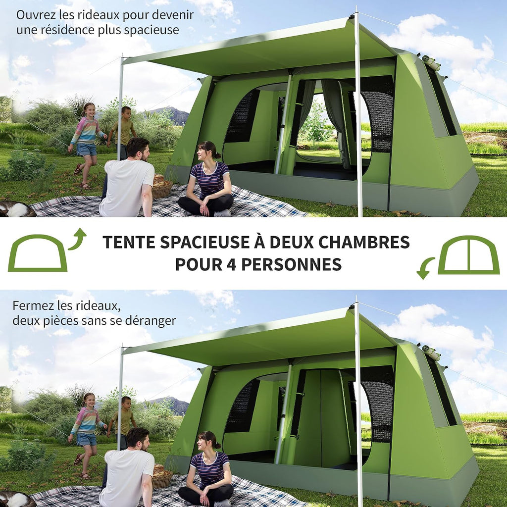 Outsunny Campingtent met veranda voor 4 personen, familietent, licht, draagbaar, eenvoudig te installeren, draagtas en haak, voor reizen, wandelen, 405 x 305 x 225 cm, groen