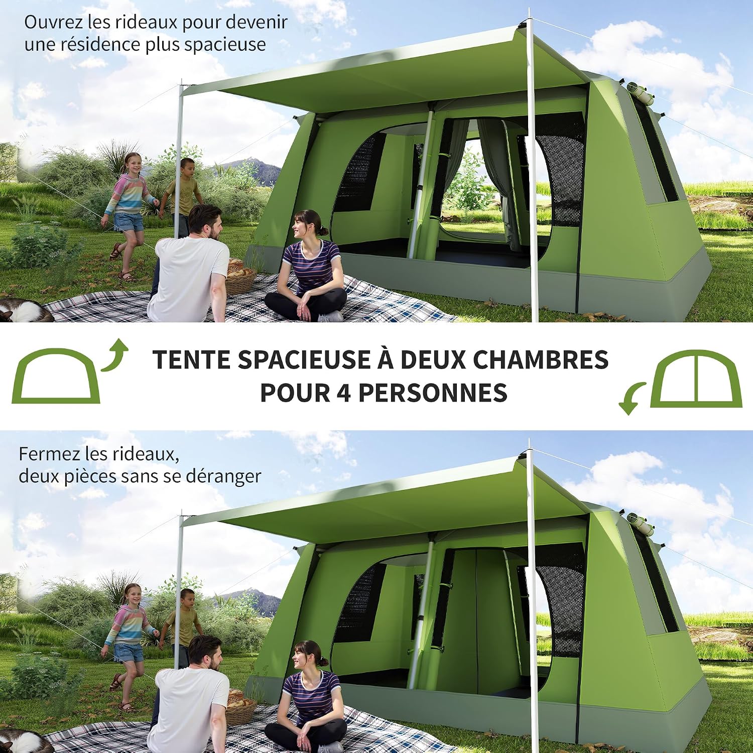 Outsunny Campingtent met veranda voor 4 personen, familietent, licht, draagbaar, eenvoudig te installeren, draagtas en haak, voor reizen, wandelen, 405 x 305 x 225 cm, groen