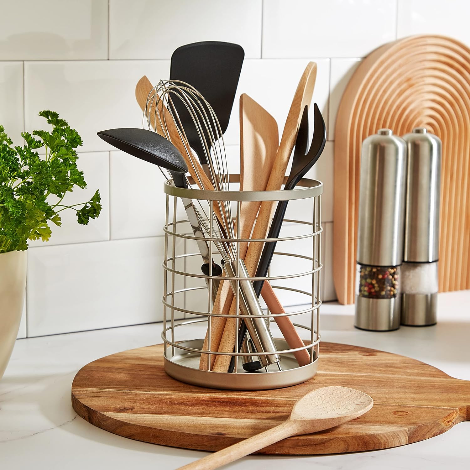 Porte-Ustensiles de Cuisine iDesign Austin – Métal Noir Mat, Design Grille Ouverte, 15 x 18 cm