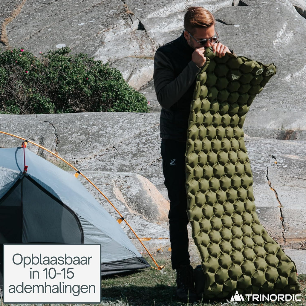 Trinordic campingmat uiterst lichte opblaasbare slaapmat met kussen, opvouwbaar opblaasbaar licht eenpersoonsbed, draagbaar luchtkussen, voor buiten, backpacken, wandelen, reizen