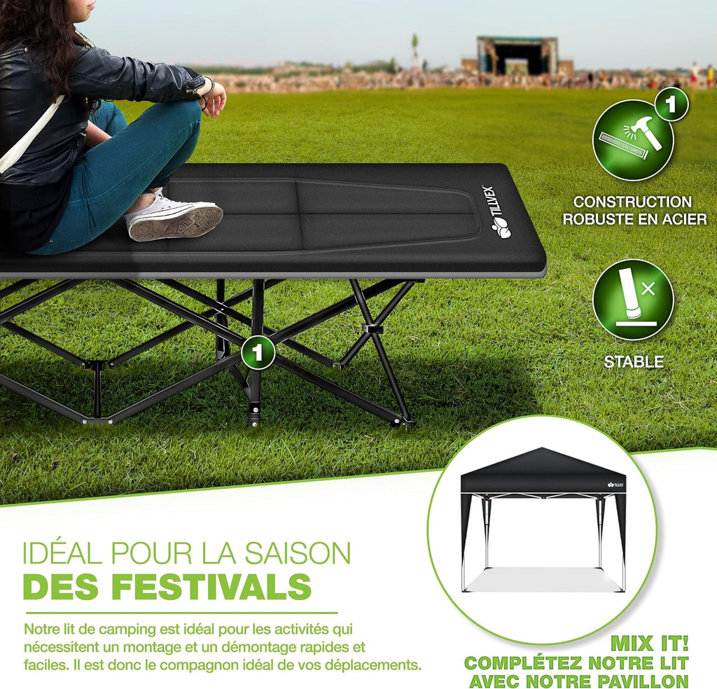 tillvex® Opvouwbaar campingbed met draagtas tot 200 kg, extra grote campingstoel, campingbed voor binnen en buiten, opvouwbaar logeerbed voor tuin, camping, vissen,
