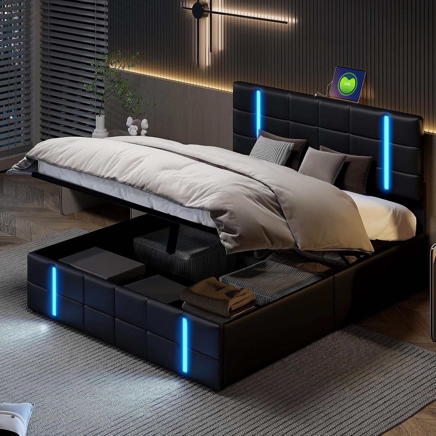 Lit Coffre LED RGB & Port USB | Rangement Hydraulique | Tête de Lit Rembourrée avec Étagères | 90 à 160 x 200 cm