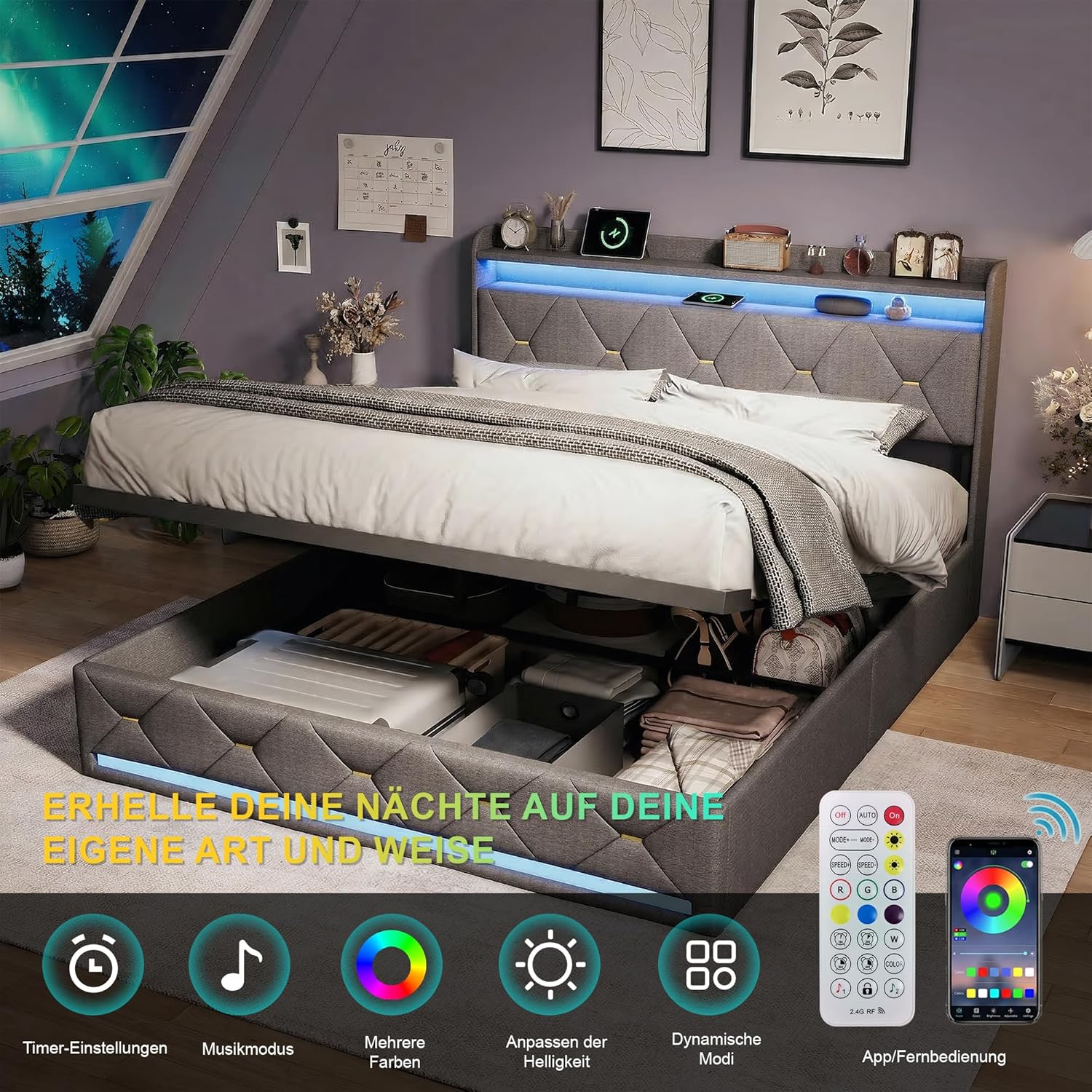 Lit Coffre BRILVERDE | LED RGB & Port USB | Sommier à Lattes | Tissu Lin | 90 à 160 x 200 cm