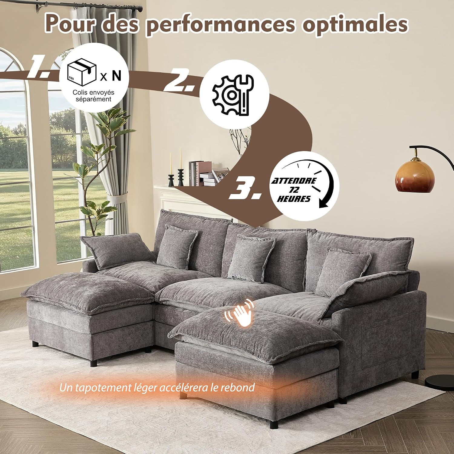 Canapé Modulable Litbird 3 Places — Velours Côtelé, Rose Pâle, Convertible