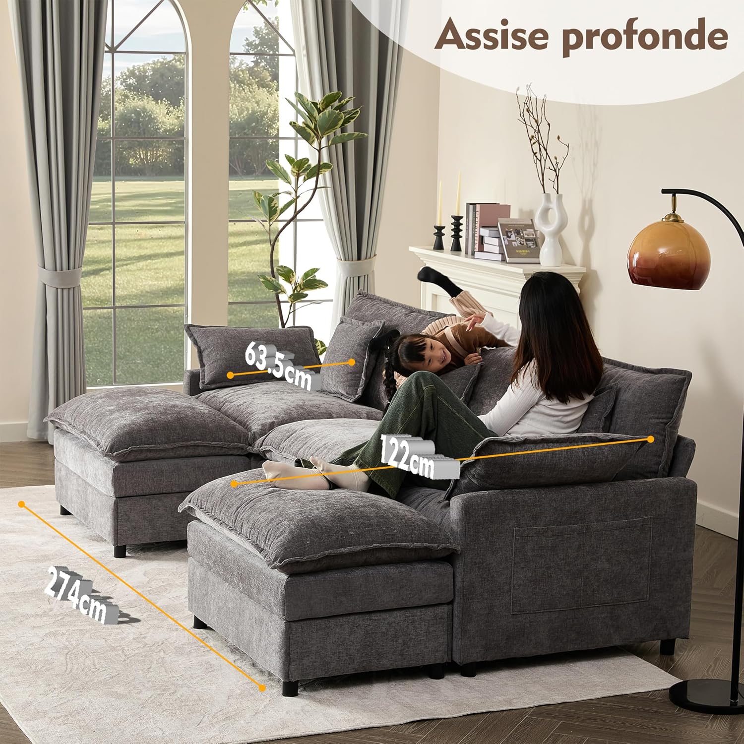 Canapé Modulable Litbird 3 Places — Velours Côtelé, Rose Pâle, Convertible