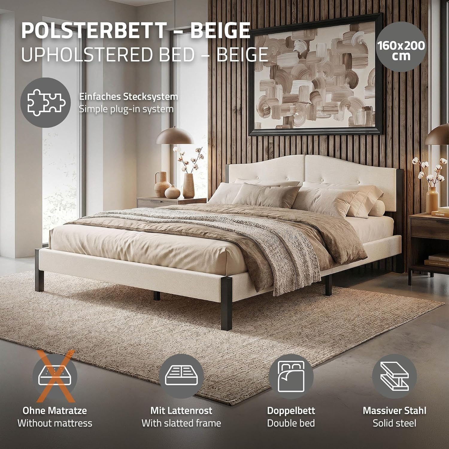 Lit Rembourré ML-Design | Cadre en Acier, Sommier à Lattes, Tête de Lit | Tissu Lin Beige ou Gris | 90/140/160/180 x 200 cm