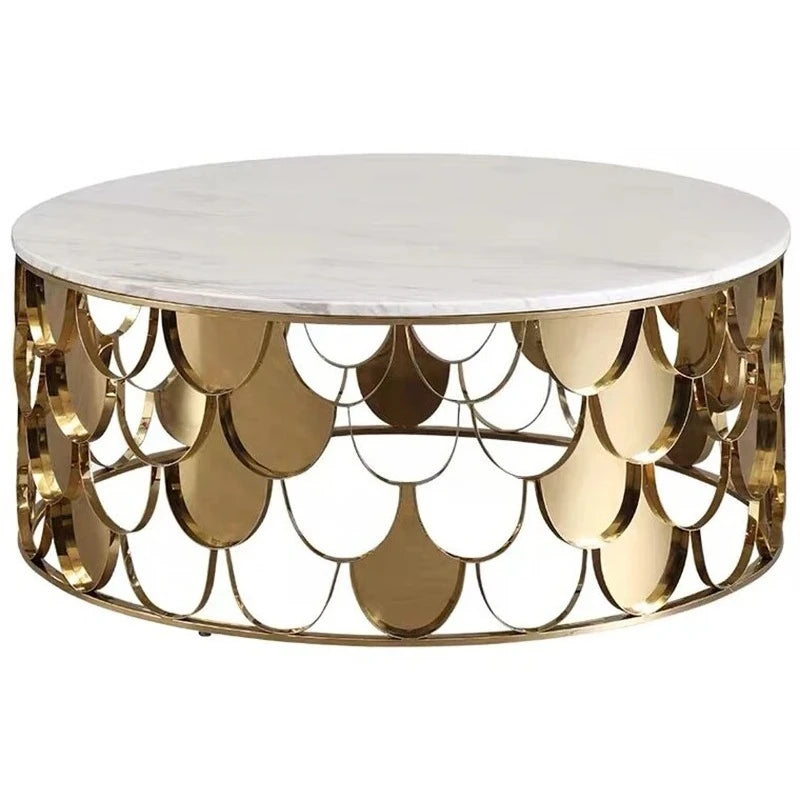 Table Basse Ronde en Acier Inoxydable – Décoration Écaille Brillante pour Salon