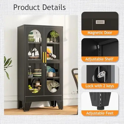 47" H Locking Display Cabinet with Glass Door, Metal Cabinets with 3 Adjustable Shelves, Cabinet Display Case for