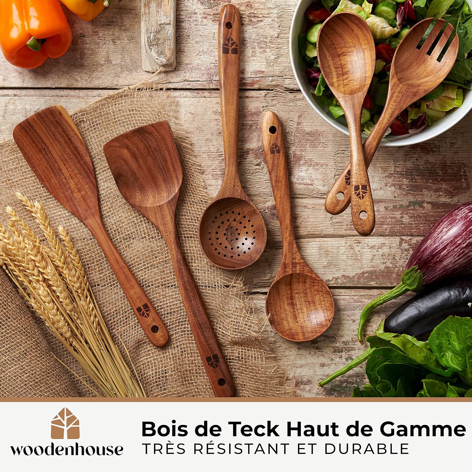 Set d'Ustensiles de Cuisine en Bois de Teck 10 Pièces — Anti-rayures, Sans BPA