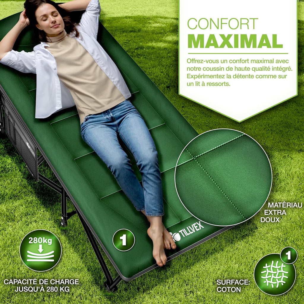 tillvex® Opvouwbaar campingbed met draagtas tot 200 kg, extra grote campingstoel, campingbed voor binnen en buiten, opvouwbaar logeerbed voor tuin, camping, vissen,