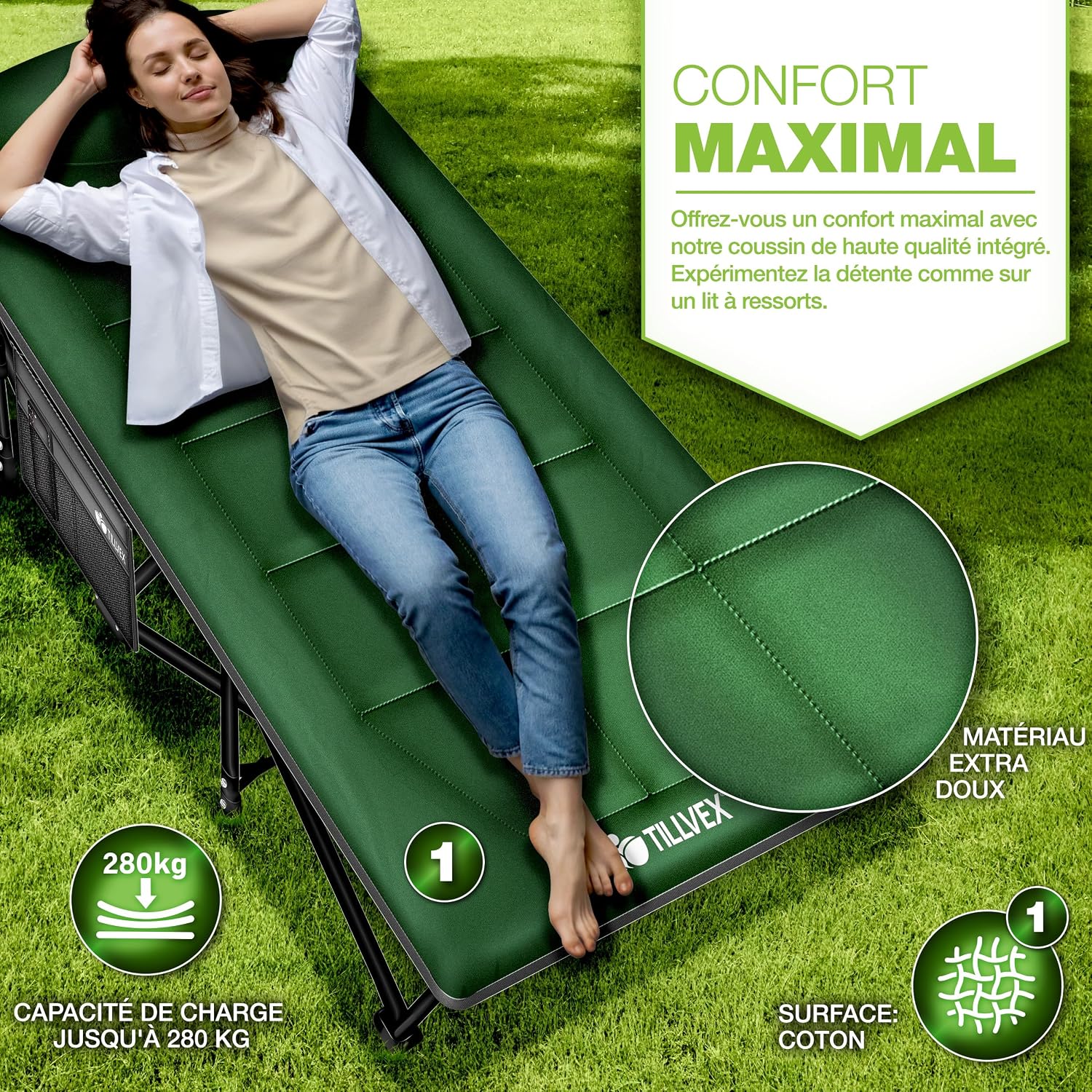 tillvex® Opvouwbaar campingbed met draagtas tot 200 kg, extra grote campingstoel, campingbed voor binnen en buiten, opvouwbaar logeerbed voor tuin, camping, vissen,