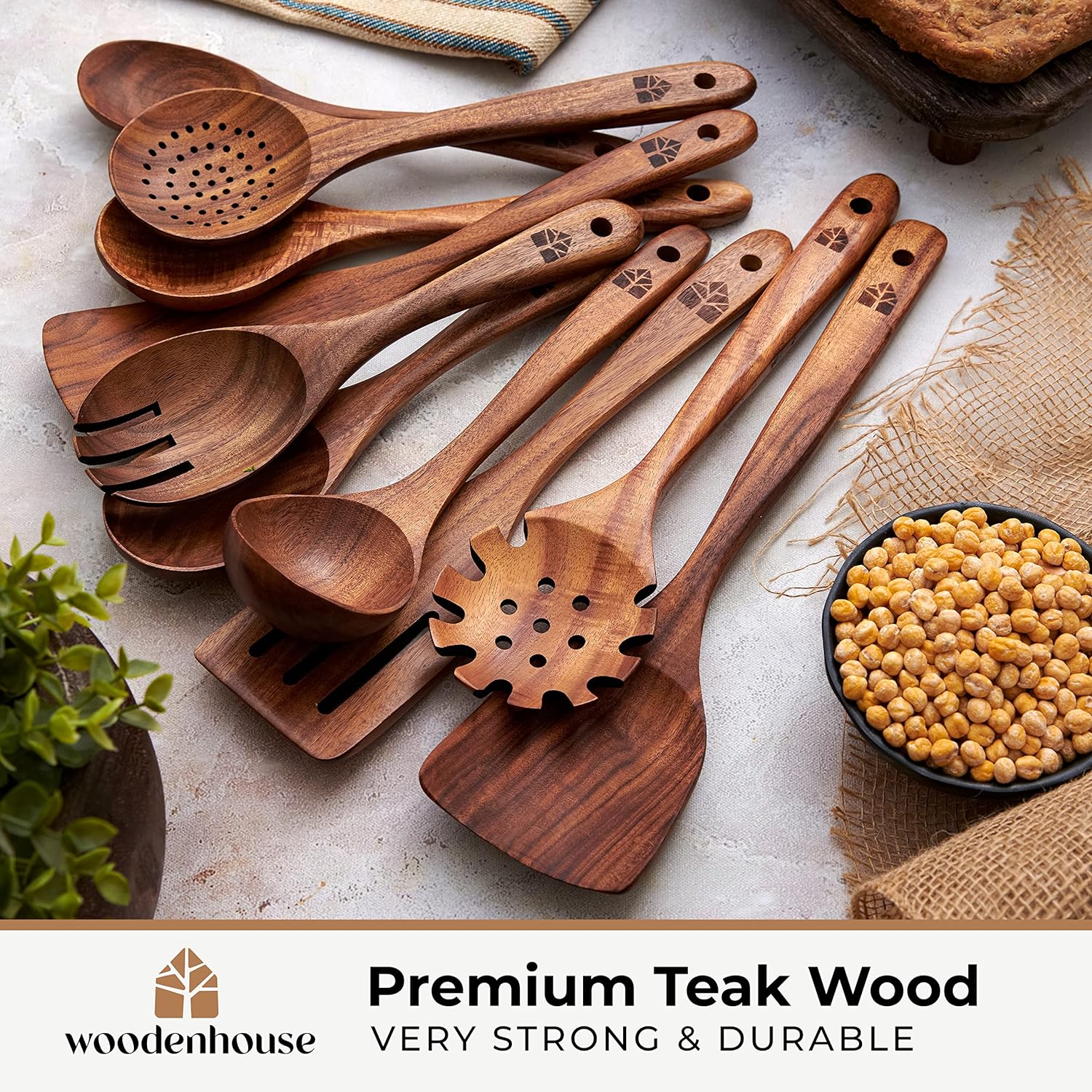 Set d'Ustensiles de Cuisine en Bois de Teck 10 Pièces — Anti-rayures, Sans BPA