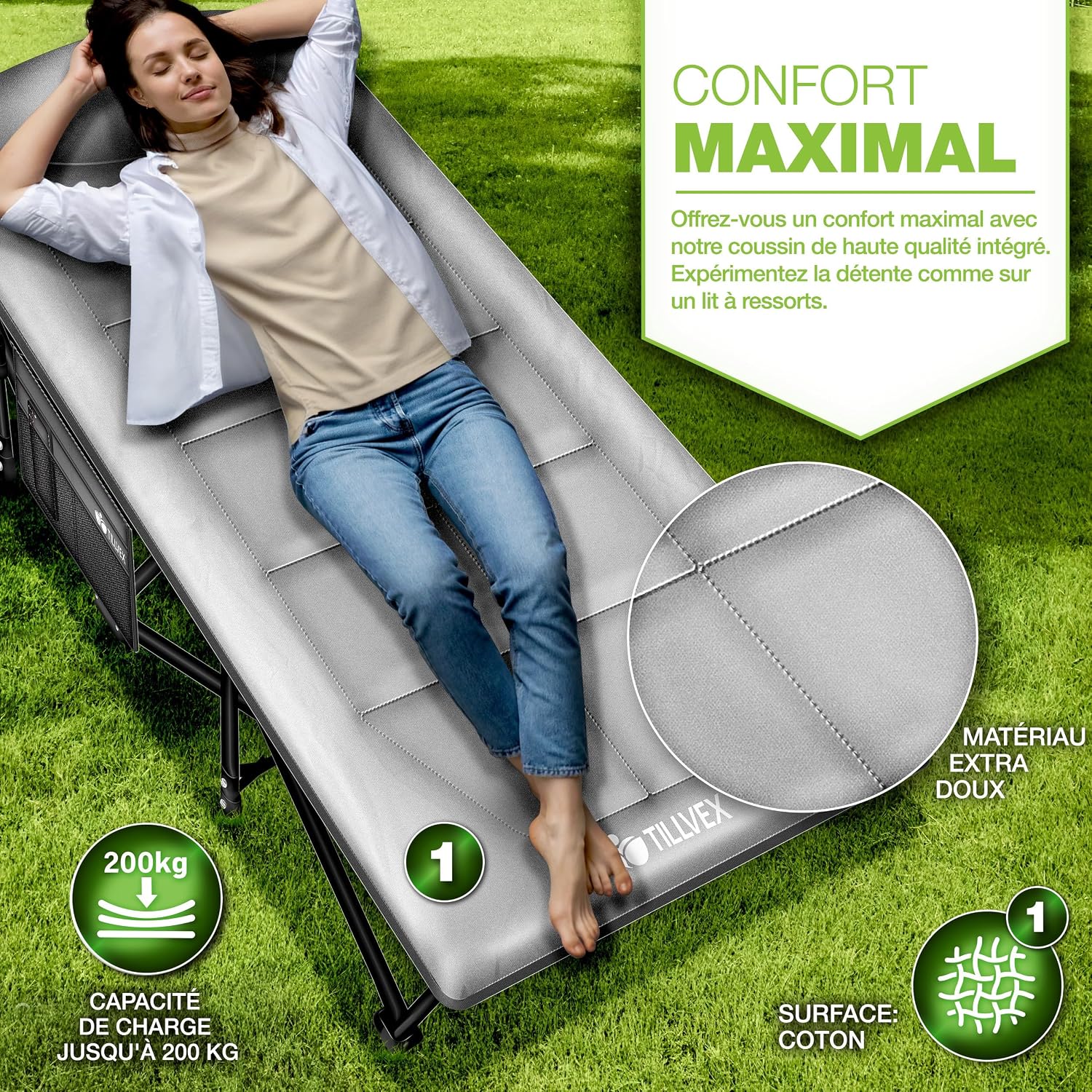 tillvex® Opvouwbaar campingbed met draagtas tot 200 kg, extra grote campingstoel, campingbed voor binnen en buiten, opvouwbaar logeerbed voor tuin, camping, vissen,