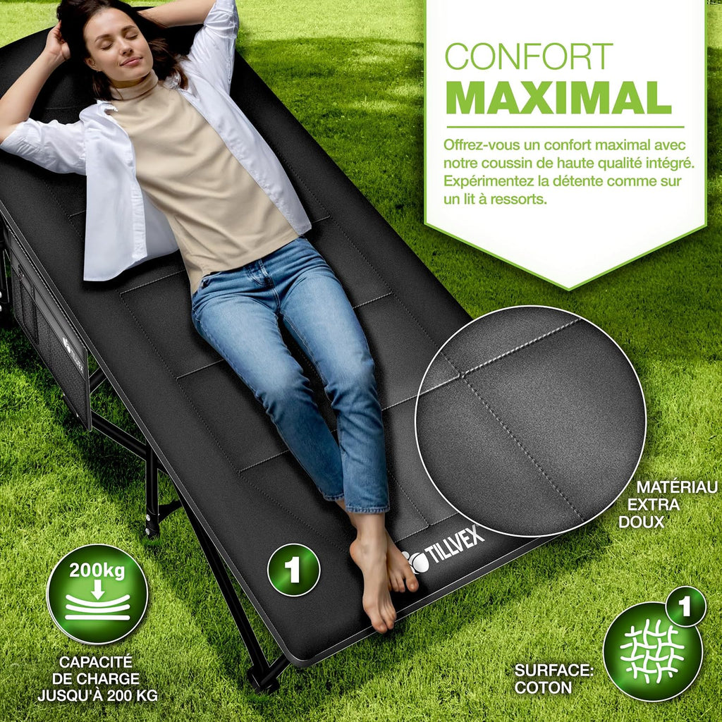 tillvex® Opvouwbaar campingbed met draagtas tot 200 kg, extra grote campingstoel, campingbed voor binnen en buiten, opvouwbaar logeerbed voor tuin, camping, vissen,