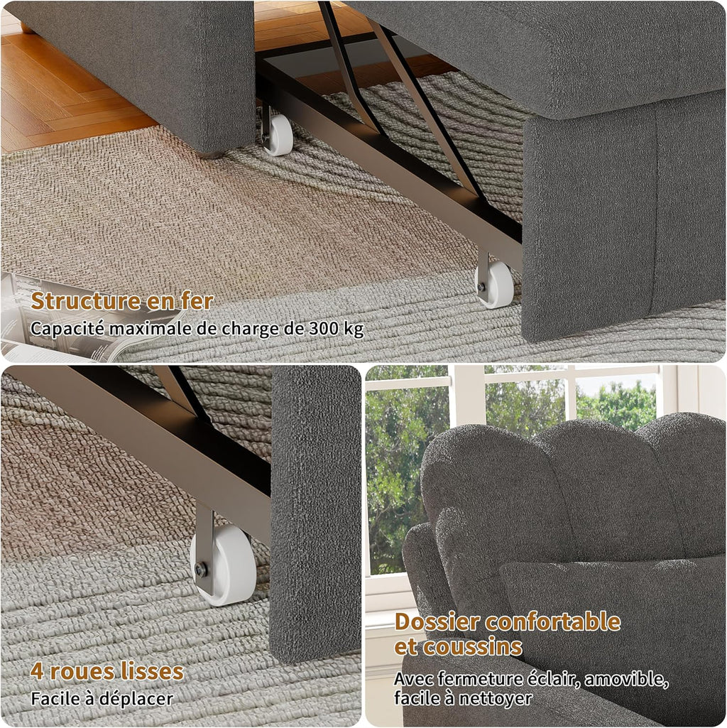 Canapé-Lit Convertible LKPOMI 2 Places — Velours Beige, Lit 180x200 cm