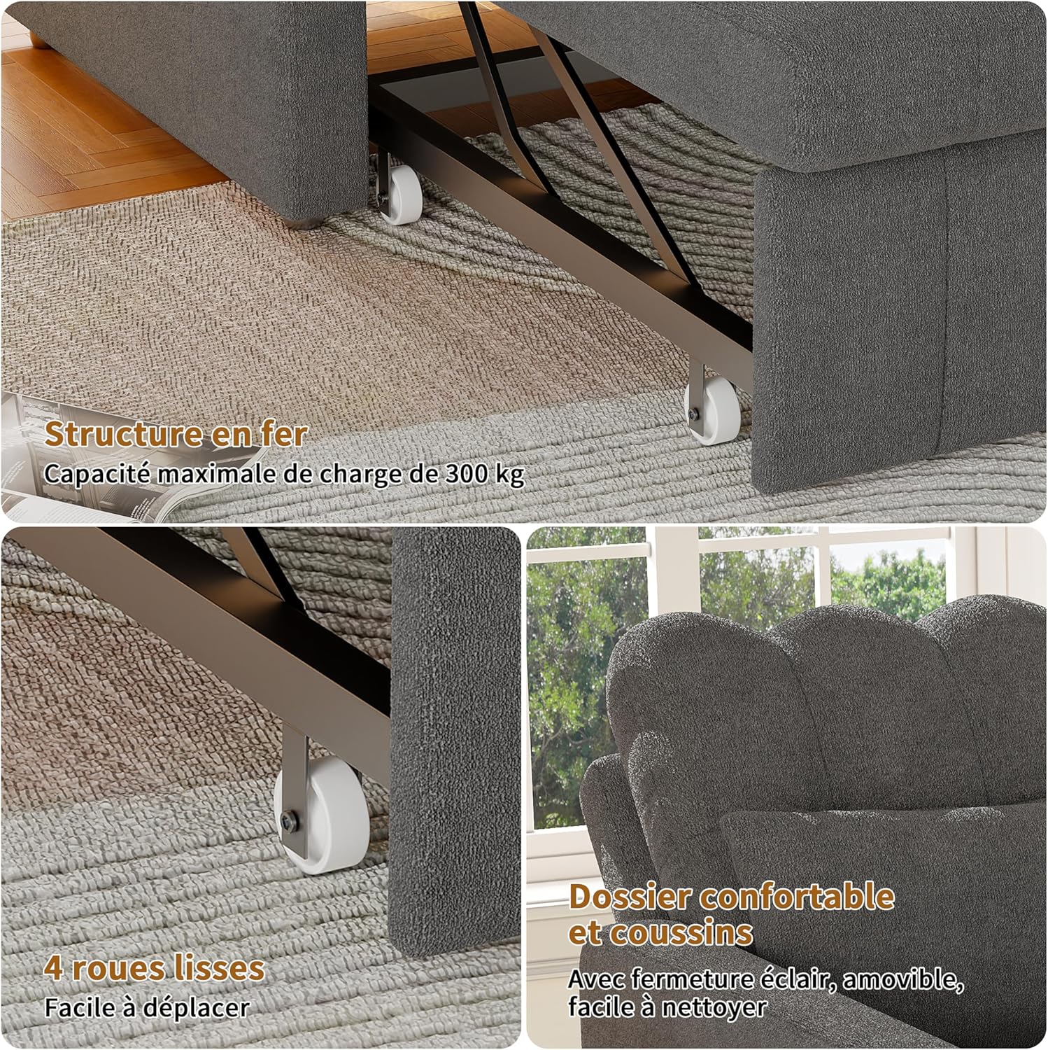 Canapé-Lit Convertible LKPOMI 2 Places — Velours Beige, Lit 180x200 cm
