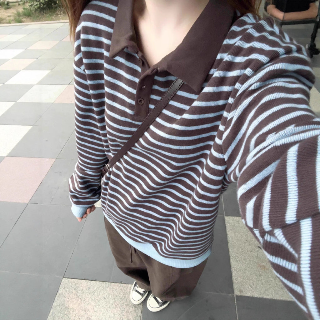 Pull Rayé Col Polo en Maille — Femme