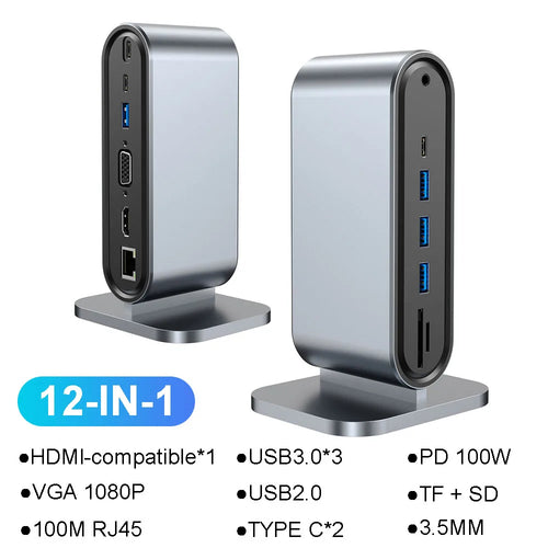 Hub USB-C Multiport | Docking Station 12-en-1 | 4K HDMI, PD 100W, RJ45