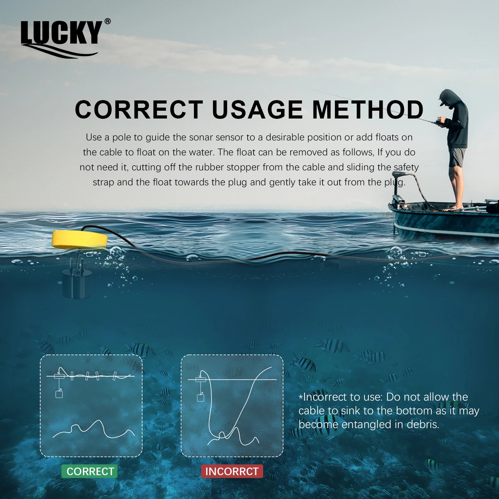 FFC1108-1 Alarm 100M Portable Sonar Fish Finders 45 degrees Sonar Coverage Echo Sounder Alarm Transducer Lake Sea Fishing