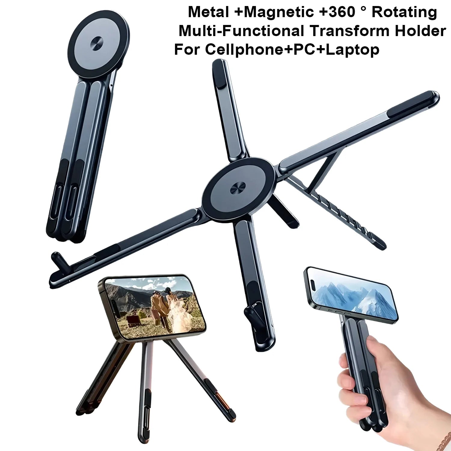 Portable Magnetic Phone Holder & Selfie Stick 3-in-1 Foldable Tripod