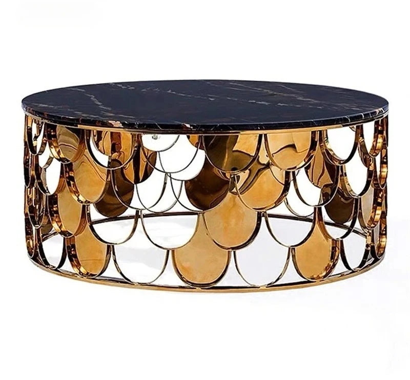 Table Basse Ronde en Acier Inoxydable – Décoration Écaille Brillante pour Salon