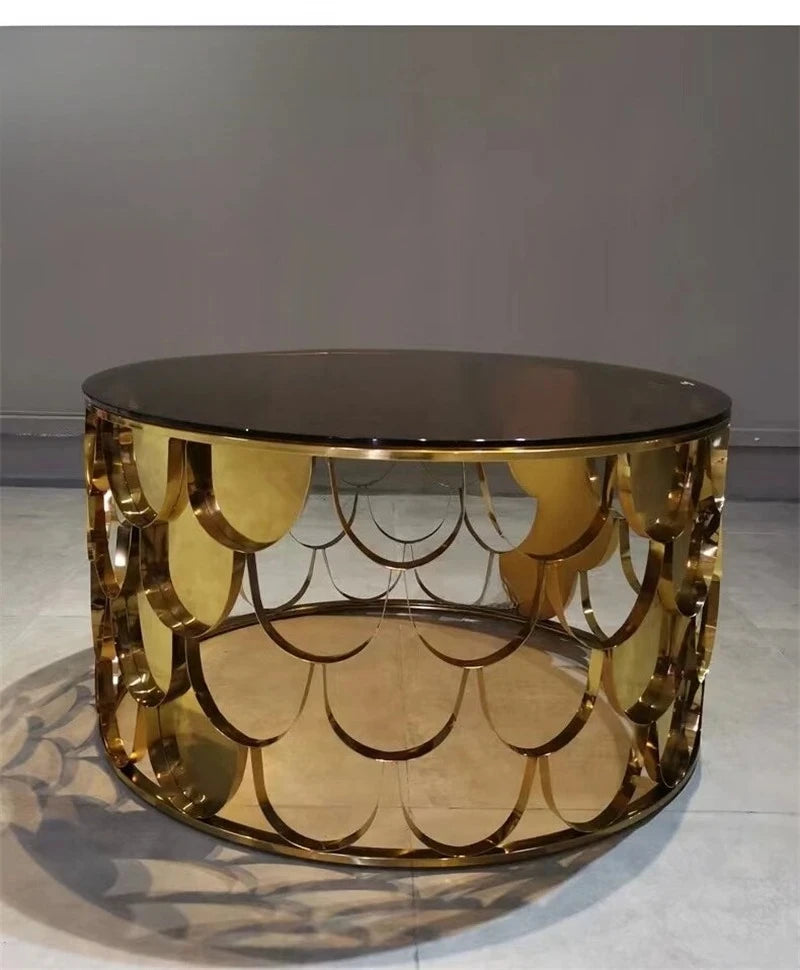 Table Basse Ronde en Acier Inoxydable – Décoration Écaille Brillante pour Salon
