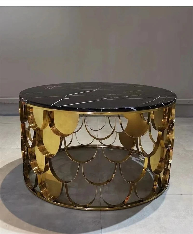 Table Basse Ronde en Acier Inoxydable – Décoration Écaille Brillante pour Salon