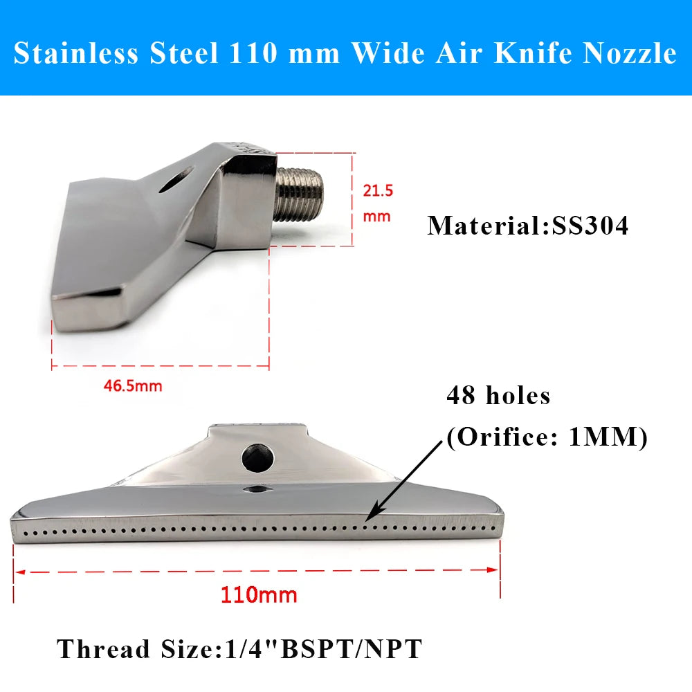 110mm 1/4" Stainless Steel Air Knife Nozzle, Flat Fan Compressed Air Blowing Nozzle for Industrial Drying, Cleaning, Cooling