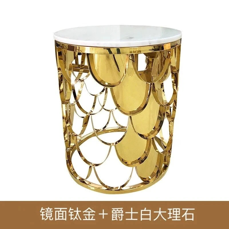 Table Basse Ronde en Acier Inoxydable – Décoration Écaille Brillante pour Salon