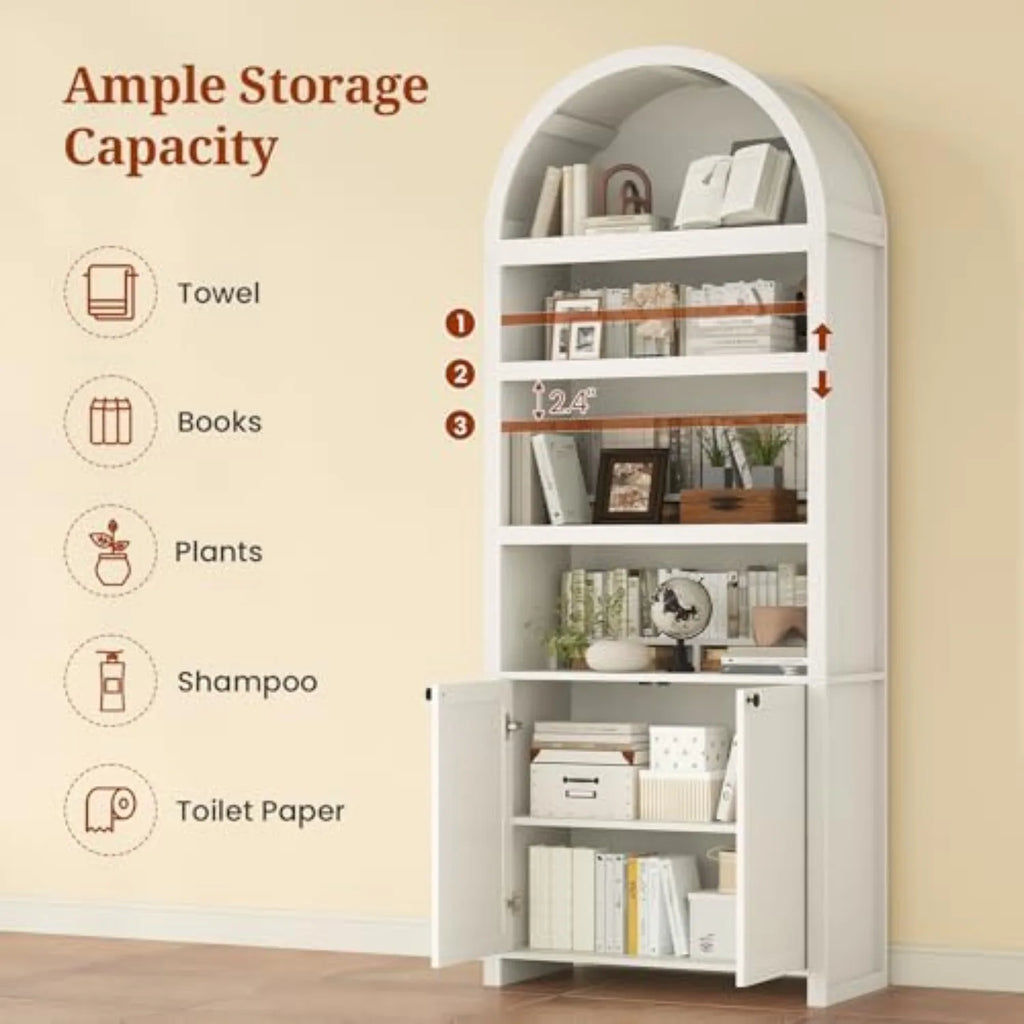 81" Tall Arched Cabinets,Bookcase with storage,Mid-Century Modern 6-Tier Bookshelf with Door,2 Book Risers and