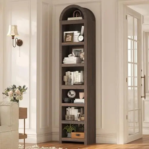 81" Tall Arched Cabinets,Bookcase with storage,Mid-Century Modern 6-Tier Bookshelf with Door,2 Book Risers and