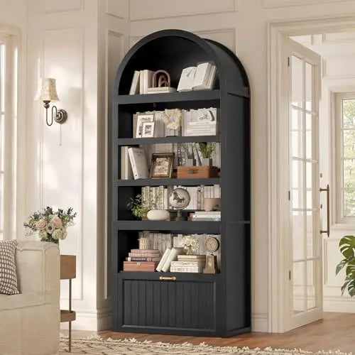 81" Tall Arched Cabinets,Bookcase with storage,Mid-Century Modern 6-Tier Bookshelf with Door,2 Book Risers and