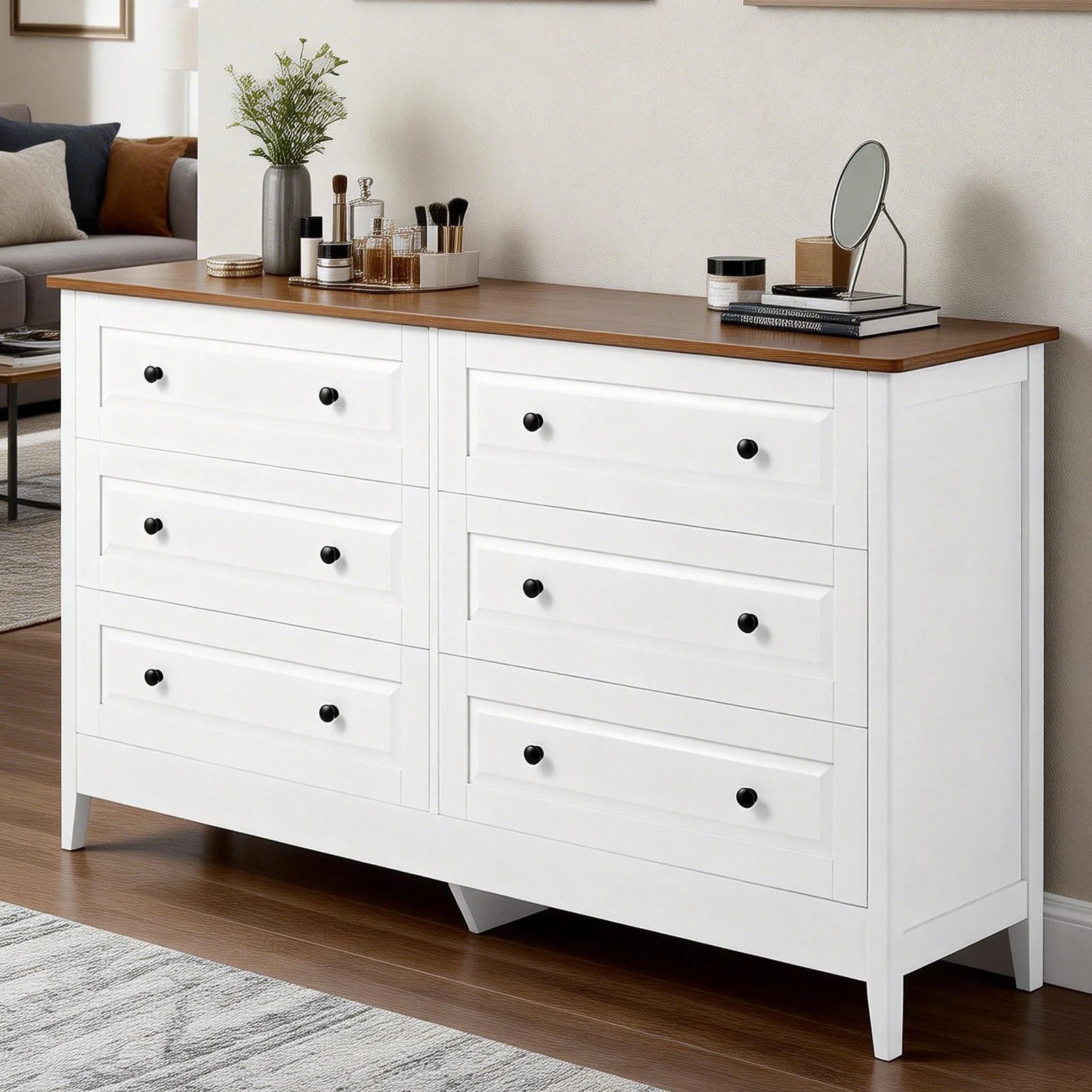 Modern Painted Solid Wood 6 Drawer Chest of Drawers for Bedroom Living Room Entryway Ample Storage Easy Assembly Stylish White
