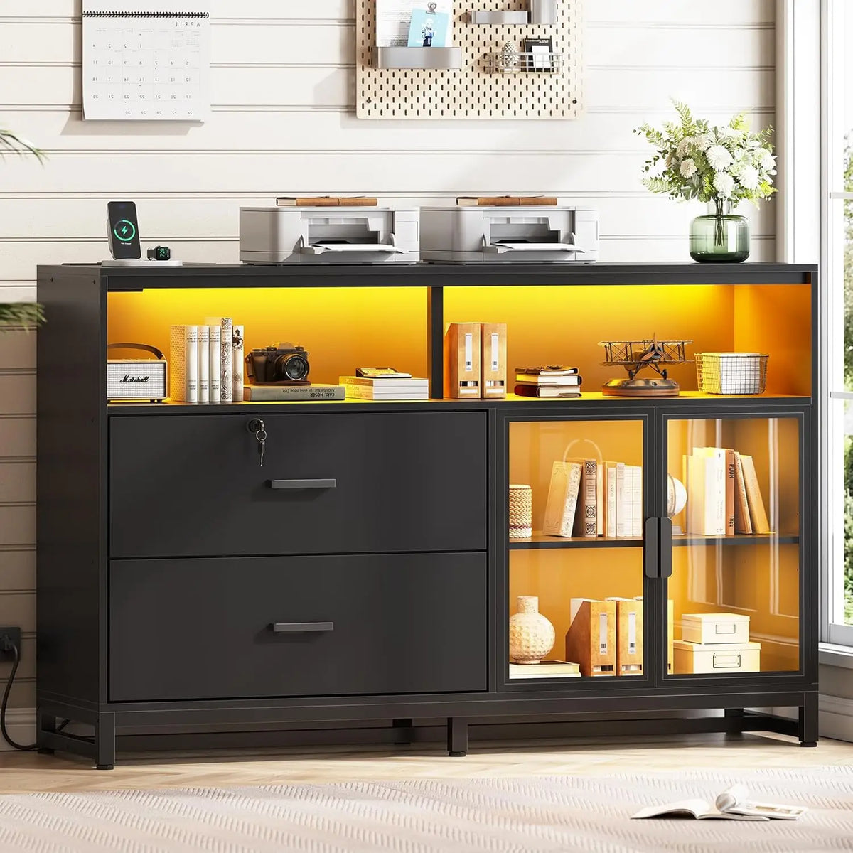 Classeur de bureau 150 cm – 2 tiroirs verrouillables, station de charge & LED
