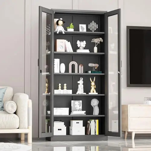 Lockable Display Cabinet with Glass Doors & 5 Adjustable Shelves, 71" Tall Black Metal Storage Cabinet Curio Liquor