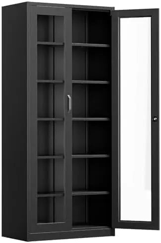 Lockable Display Cabinet with Glass Doors & 5 Adjustable Shelves, 71" Tall Black Metal Storage Cabinet Curio Liquor