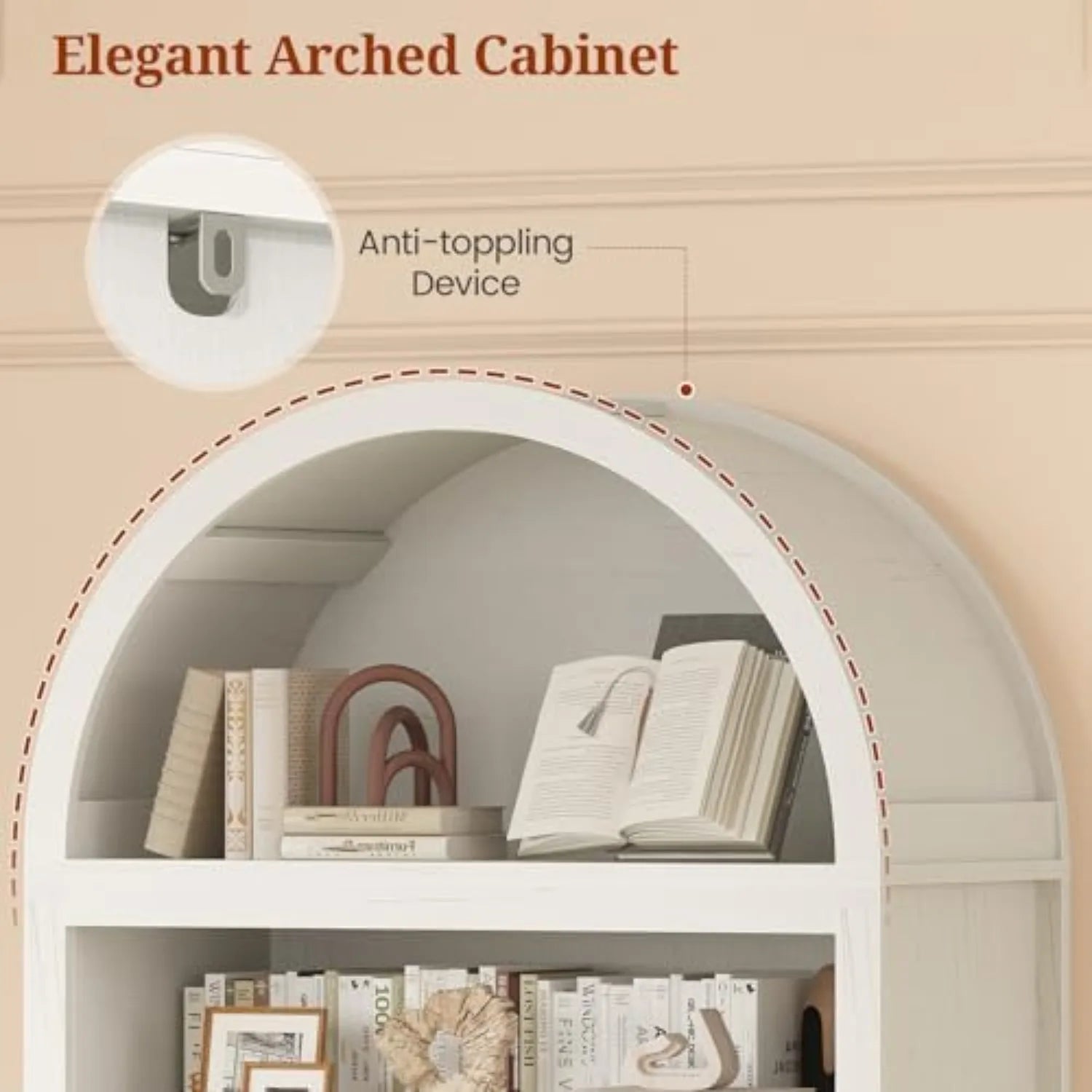 81" Tall Arched Cabinets,Bookcase with storage,Mid-Century Modern 6-Tier Bookshelf with Door,2 Book Risers and