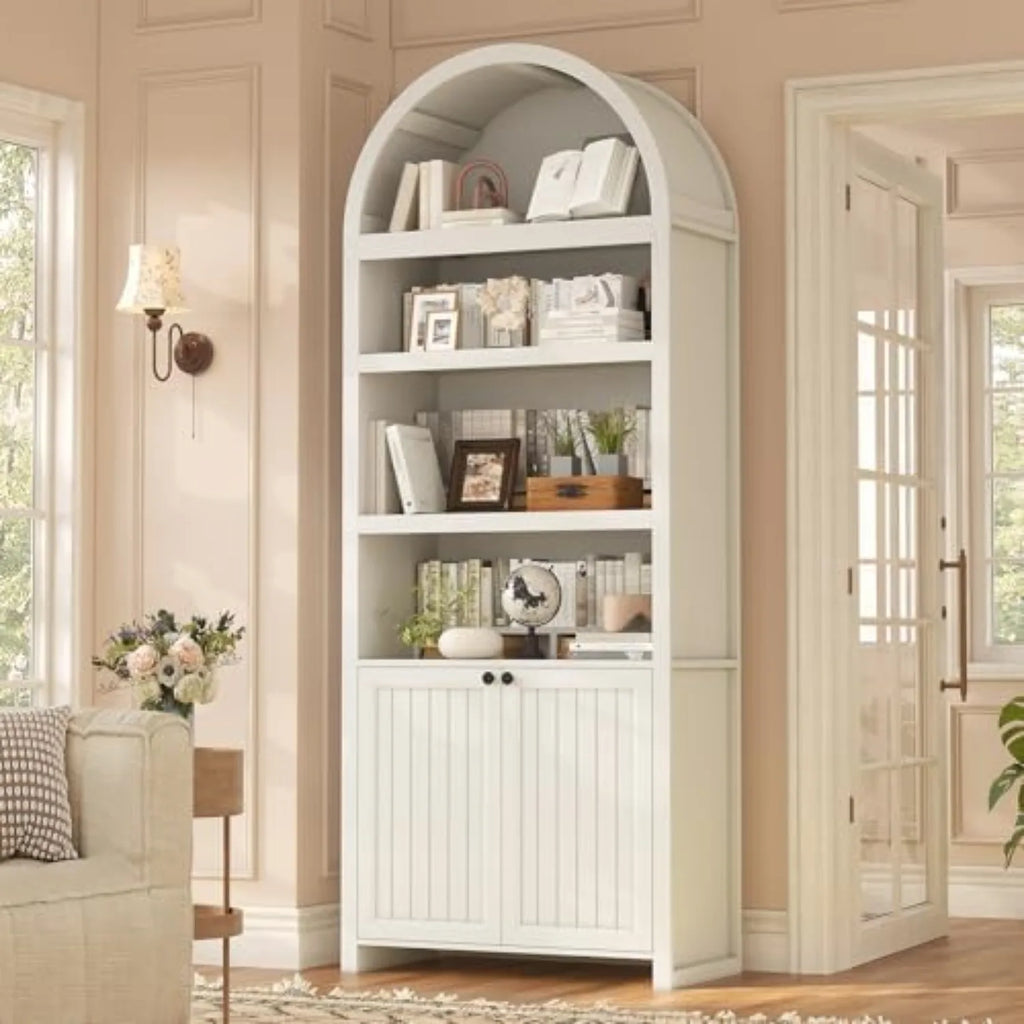81" Tall Arched Cabinets,Bookcase with storage,Mid-Century Modern 6-Tier Bookshelf with Door,2 Book Risers and